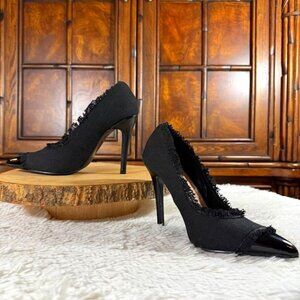 NWOT Baldi London Black Tweed Fringe Patent Toe Pointed Toe Heel Pump